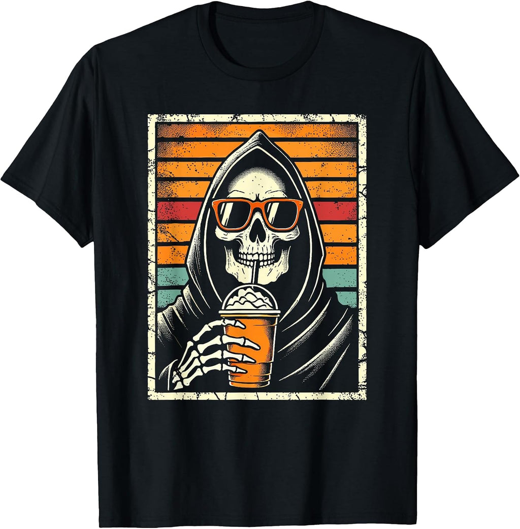 Retro Grim Reaper Latte Funny Halloween Funny Grim Reaper T-Shirt