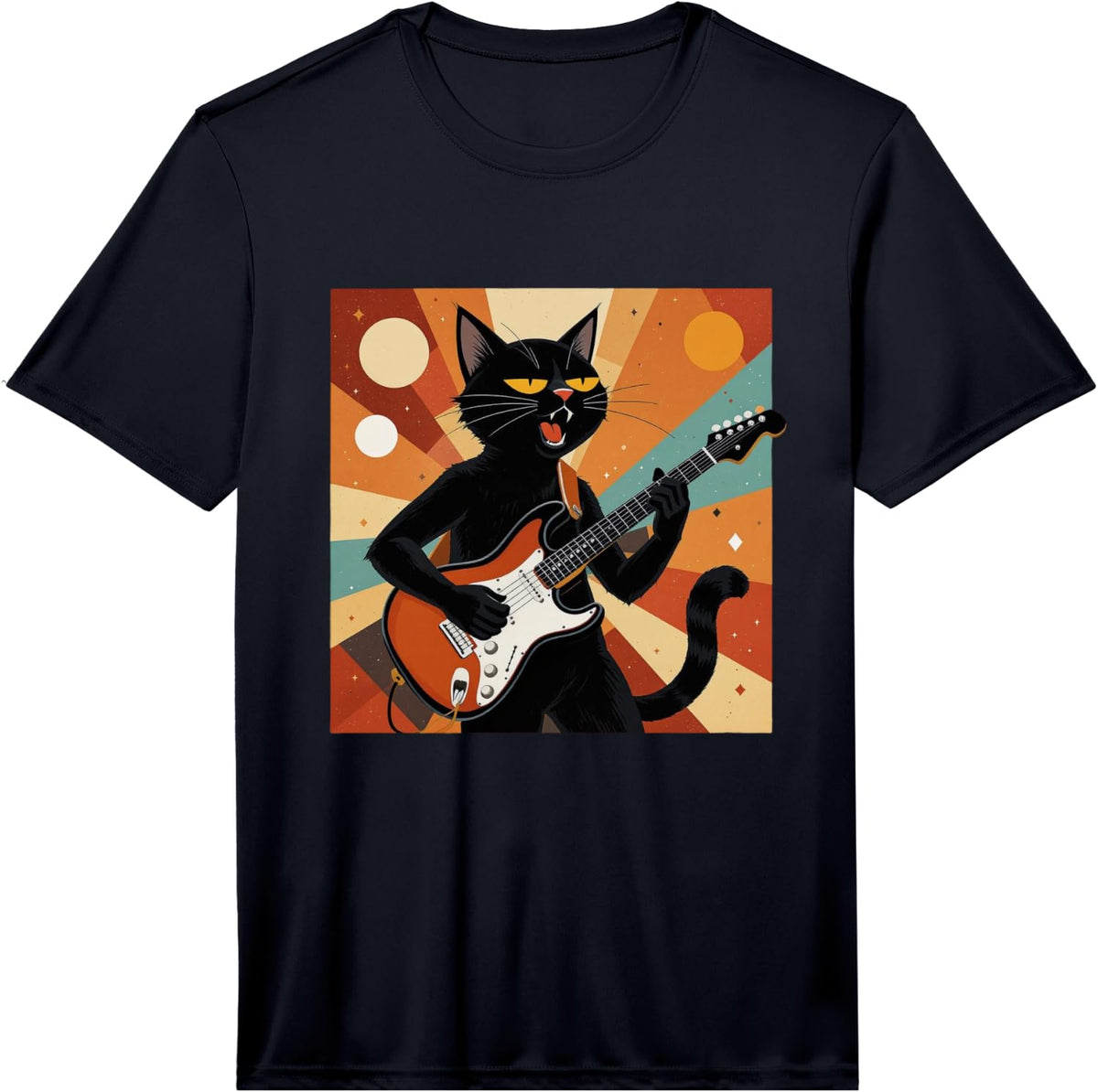 1950 60s Mid Century Modern Black Cat Playing Guitar Performance T-Shirt