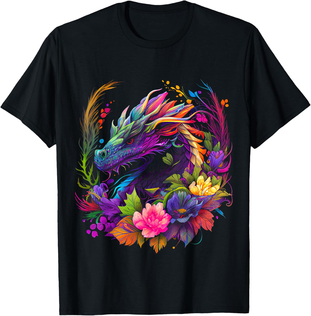 Watercolor Dragon Flowers Beautiful Art Colorful Graphic T-Shirt