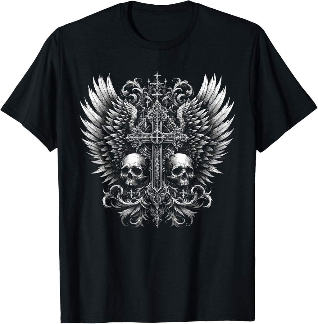 Emo Y2K Grunge Alt Goth Skull Cross Wings Gothic Black T-Shirt