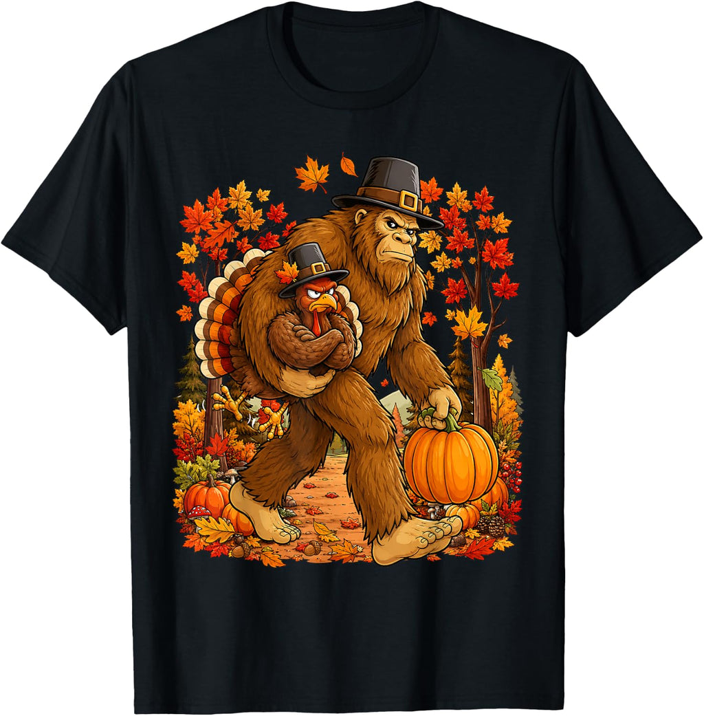 Bigfoot Pilgrim Turkey Pumpkin Thanksgiving Day Boys Men T-Shirt