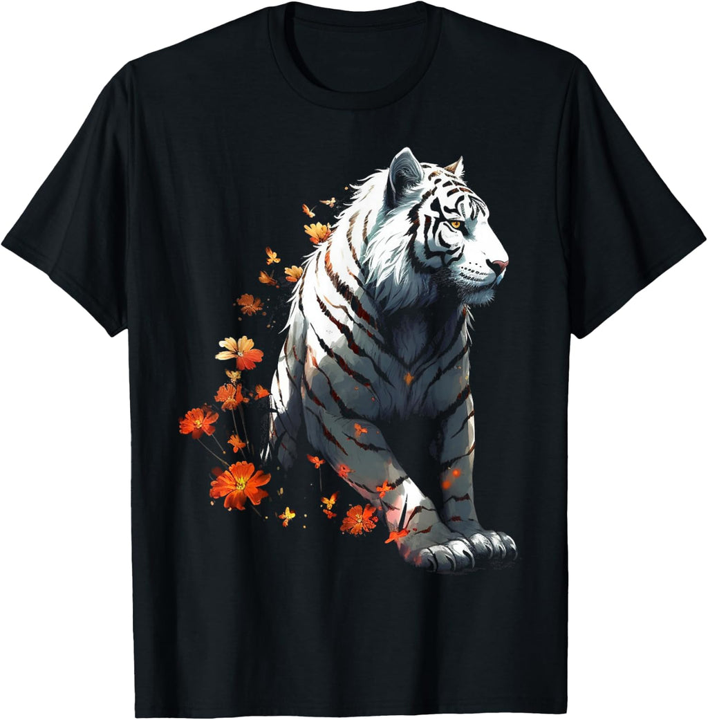 Tiger in White - Flowers Artwork - Animal Art Tiger T-Shirt